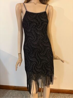 Vintage Y2K Black Crochet Fringe – 1920s Gatsby Flapper Style Cocktail Dress